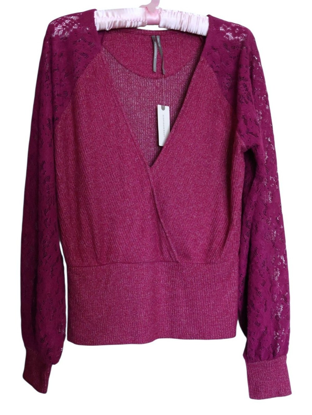NEW Anthropologie Plum Berry Lace-Sleeve V-Neck Pullover Sweater Size Large NWT